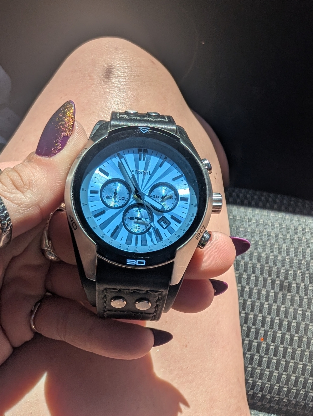 Fossil Blue Dial Chronograph with Black Leather Strap